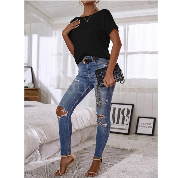 Boat Neck Batwing Sleeve Black Tee Shirt Short Sleeve - Picture 3 of 9